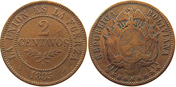 монета Боливия 2 сентаво 1883
