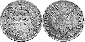 монета Боливия 20 сентаво 1870