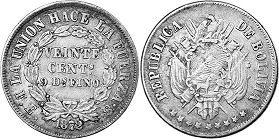 монета Боливия 20 сентаво 1872
