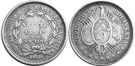 монета Боливия 10 сентаво 1886