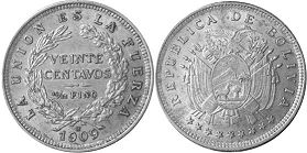 монета Боливия 10 сентаво 1909