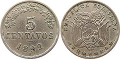 монета Боливия 5 сентаво 1892