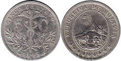 монета Боливия 5 сентаво 1895