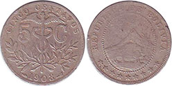 монета Боливия 5 сентаво 1908