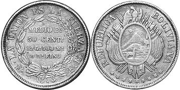 монета Боливия 50 сентаво 1873