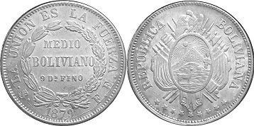 монета Боливия 50 сентаво 1879