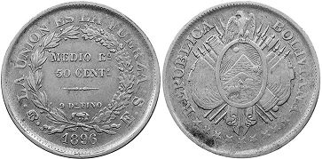 монета Боливия 50 сентаво 1896
