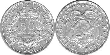 монета Боливия 50 сентаво 1900