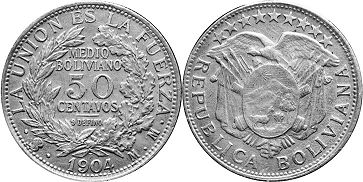 монета Боливия 50 сентаво 1904