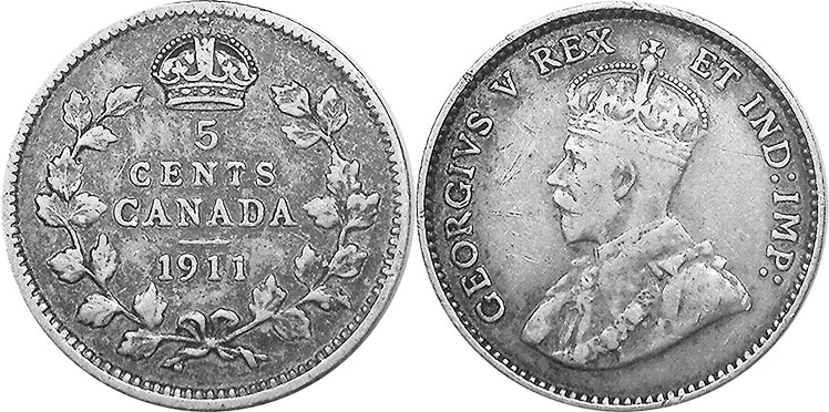 монета Канада монета 5 центов 1911
