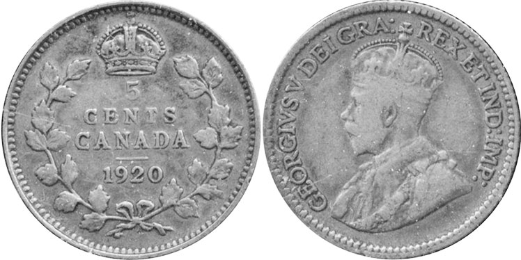 монета Канада монета 5 центов 1920