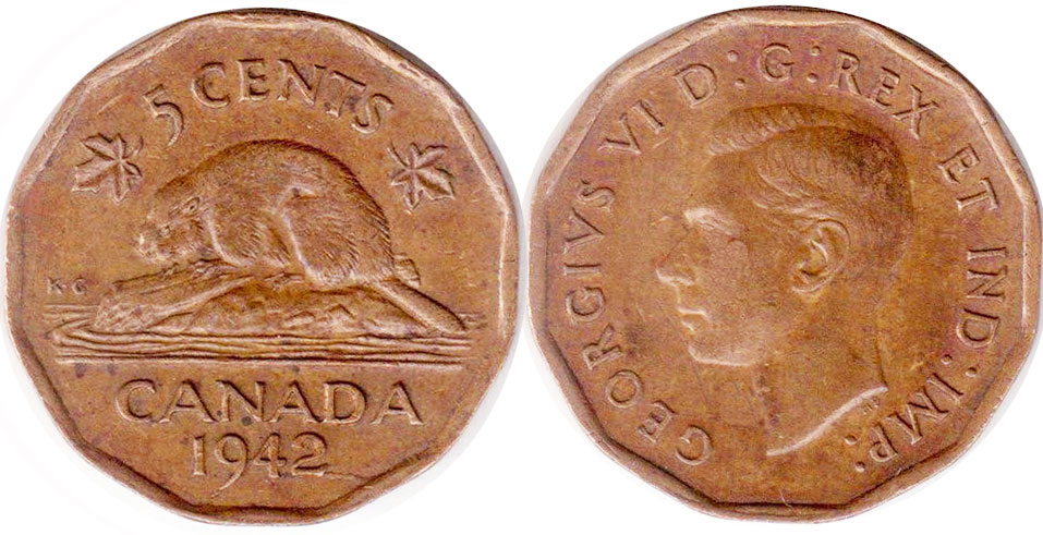 монета Канада монета 5 центов 1942