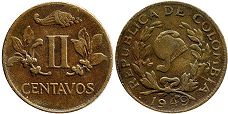 монета Колумбия 2 сентаво 1949