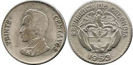 монета Колумбия 20 сентаво 1953