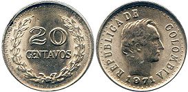 монета Колумбия 20 сентаво 1971