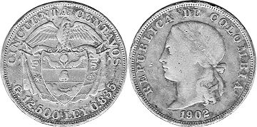 монета Колумбия 50 сентаво 1902