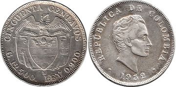 монета Колумбия 50 сентаво 1932