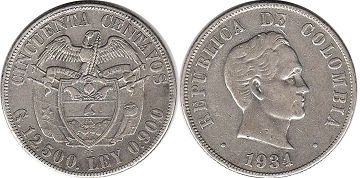 монета Колумбия 50 сентаво 1934