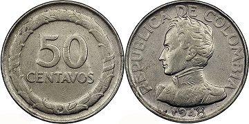 монета Колумбия 50 сентаво 1948