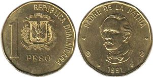монета Доминиканская Республика 1 песо 1991