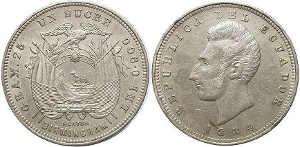 монета Эквадор 1 сукре 1884