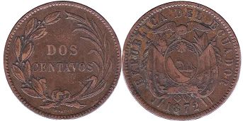 монета Эквадор 2 сентаво 1872