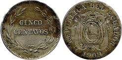 монета Эквадор 5 сентаво 1909