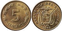 монета Эквадор 5 сентаво 1942