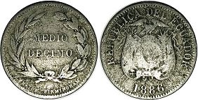 монета Эквадор 1/2 децимо 1886