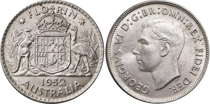 Австралия монета 1 флорин 1952