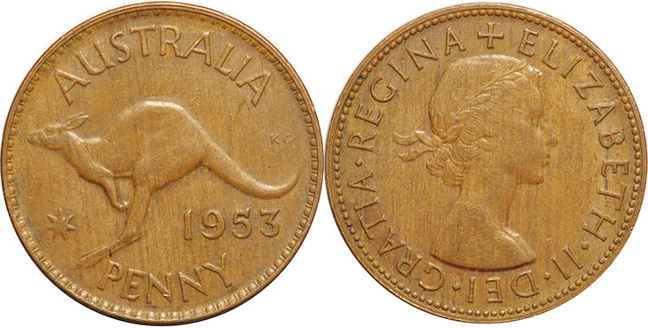 Австралия монета 1 пенни 1953 Elizabeth II