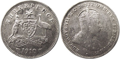 Австралия серебро монета 3 pence 1910