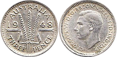 Австралия монета 3 пенса 1948