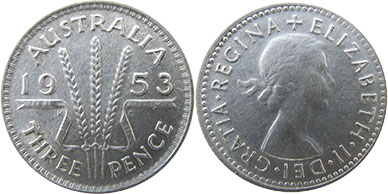 Австралия монета 3 пенса 1953 Elizabeth II
