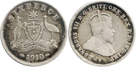 Австралия серебро монета 6 пенсов 1910