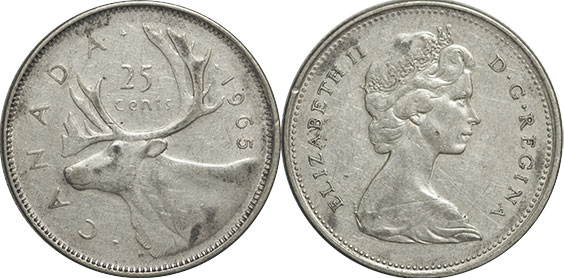 Канада монета Elizabeth II 25 центов 1965 серебро