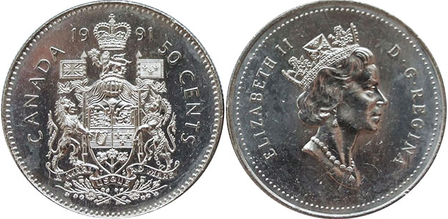 Канада монета Elizabeth II 50 центов 1991