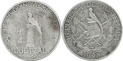 монета Гватемала 1/2 кетсаля 1925