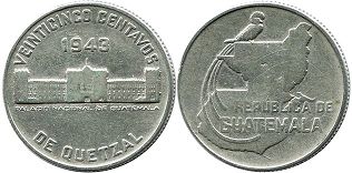 монета Гватемала 25 сентаво 1943