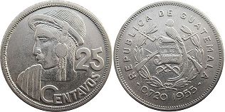 монета Гватемала 25 сентаво 1955