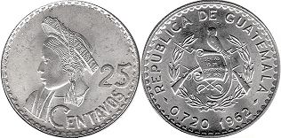 монета Гватемала 25 сентаво 1962