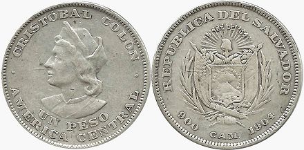 монета Сальвадор 1 песо 1904