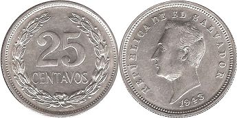 монета Сальвадор 25 сентаво 1943