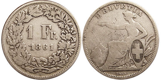 монета Швейцария 1 франк 1861