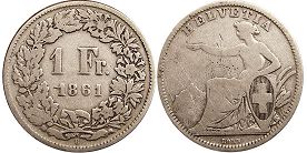 монета Швейцария 1 франк 1861
