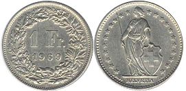монета Швейцария 1 франк 1969