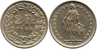 монета Швейцария 2 франка 1969
