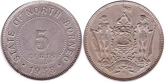 монета Британское Северное Борнео 5 центов 1938