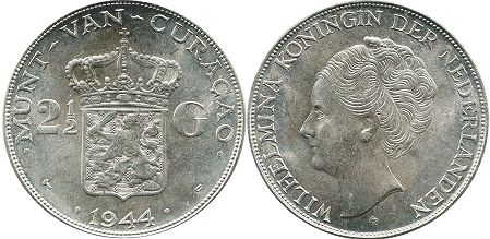 монета Кюрасао 2,5 гульден 1944