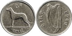 монета Ирландия 6 пенсов 1940